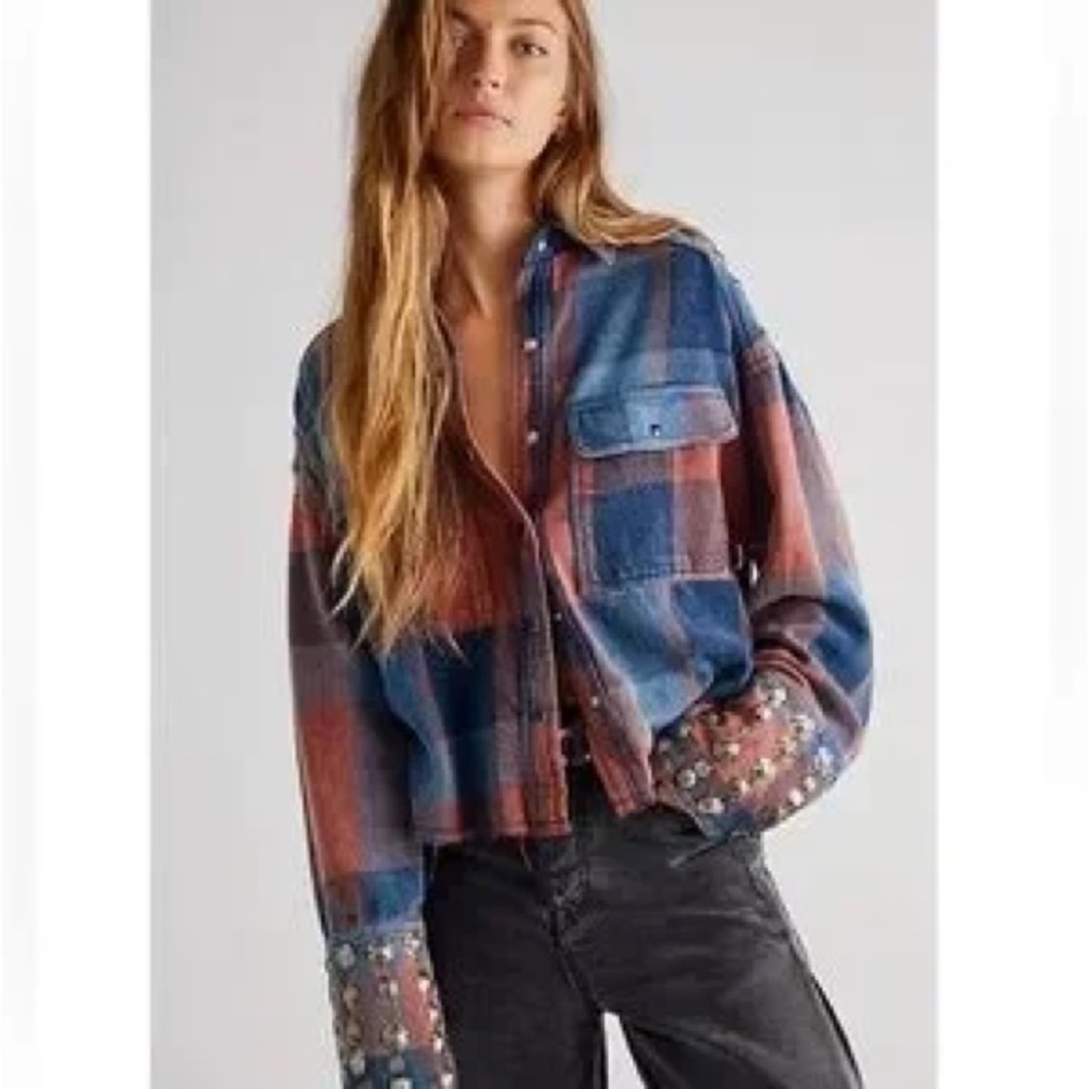 Free People Plaid Button-Up Shirt - Blue and Red